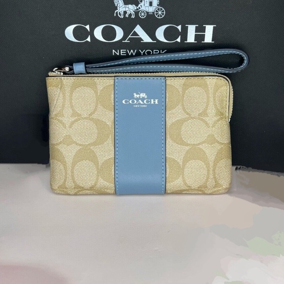 Coach Handbags - Coach Corner Zip Wristlet Blue Leather/Tan/Chalk